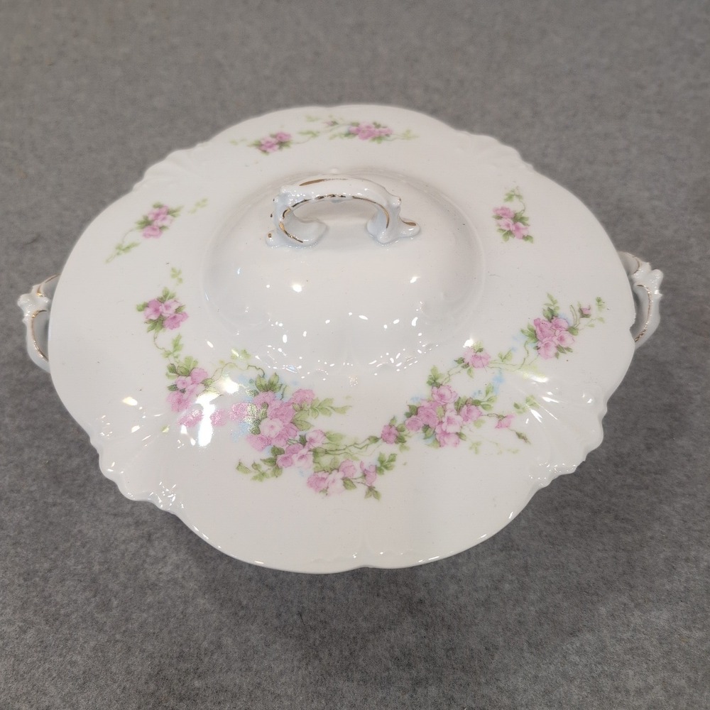 Antique Porcelain Covered Vegetable Tureen Pink Floral Gold Gilt Footed Dish - Picture 2 of 10
